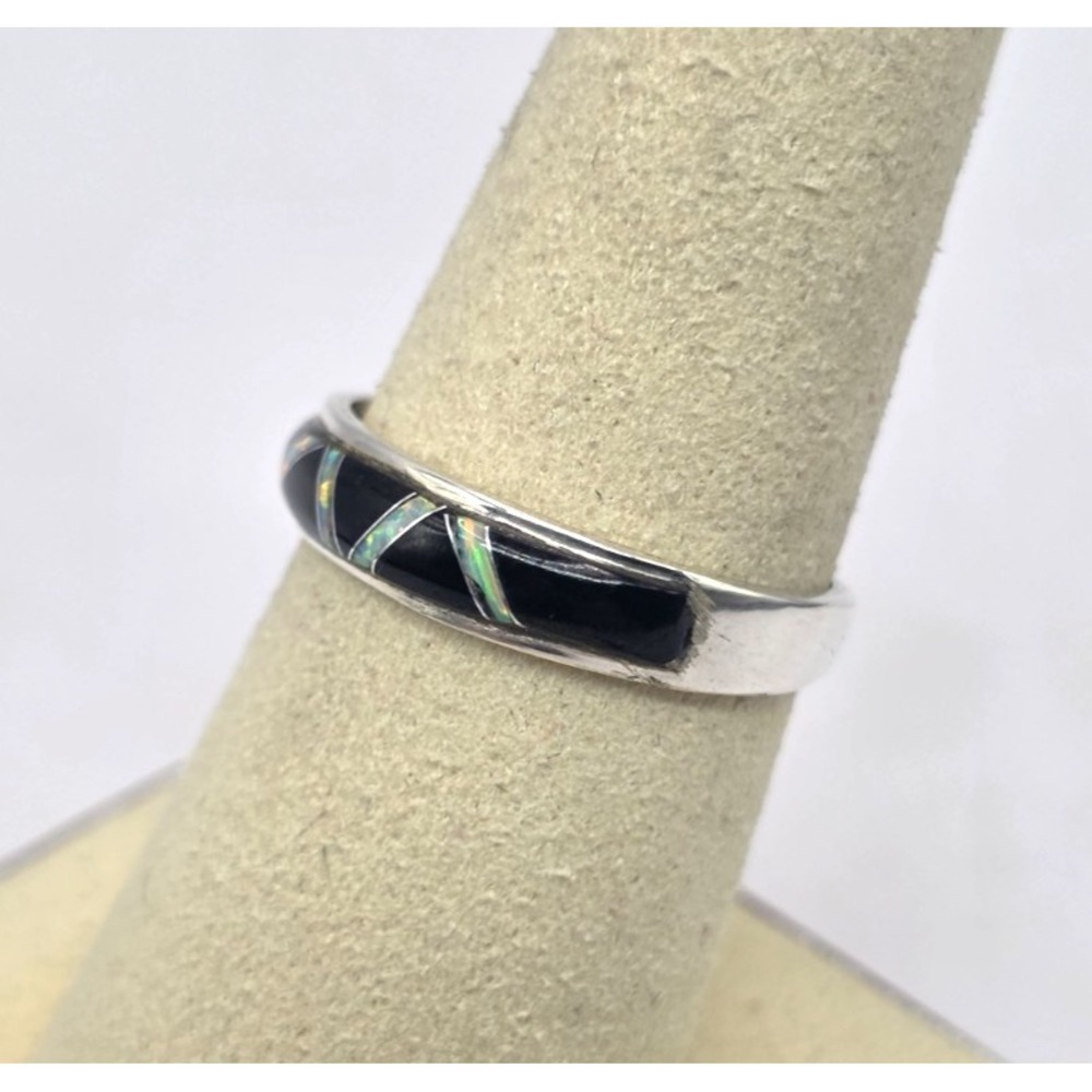 Black Onyx Opal Sterling Silver Inlay Band Ring Size 8 Signed Sterling SM Unisex